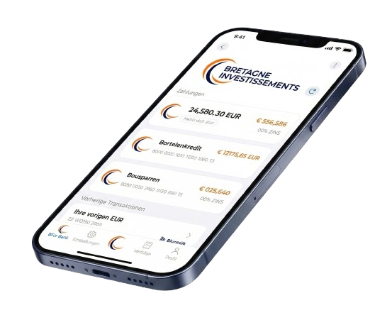 Téléphone affichant l'application bancaire de BRETAGNEINVEST BANK